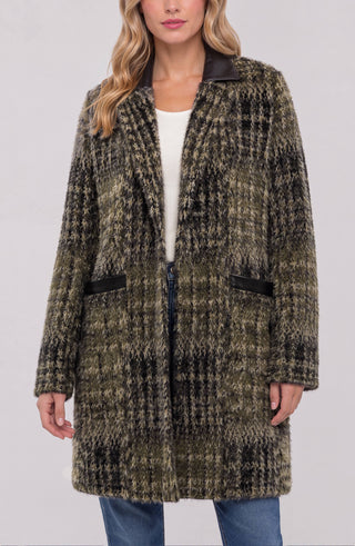 Liverpool Long Sleeve Snap Front Sweater Coat, Olive/Black Plaid