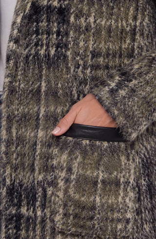 Liverpool Long Sleeve Snap Front Sweater Coat, Olive/Black Plaid