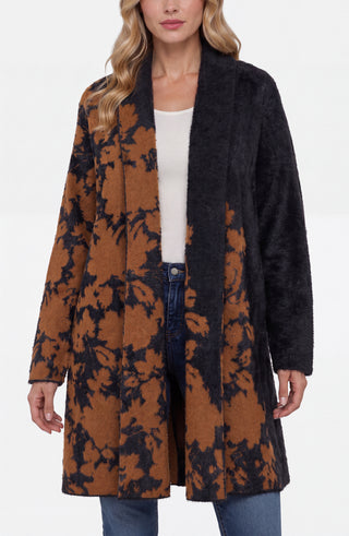 Liverpool Long Sleeve Open Front Shawl Sweater Coat, Brown/Black Floral