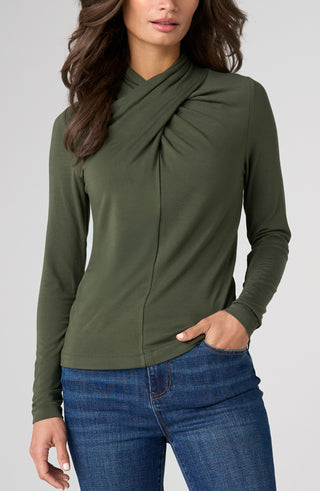 Liverpool Long Sleeve Wrap Neck Top, Hunter Green
