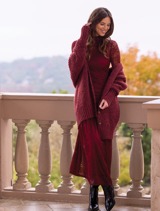 Tribal Long Oversized Cardigan Sweater in Heathered Pinot