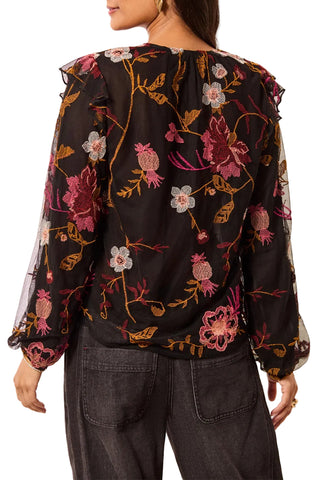 Tribal Long Sleeve Black Blouse with Pink Embroidered Flowers
