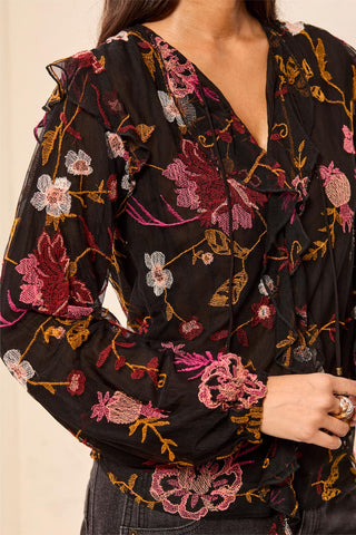 Tribal Long Sleeve Black Blouse with Pink Embroidered Flowers