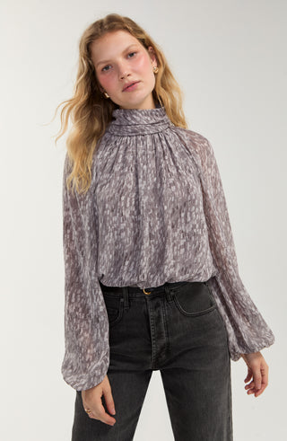 Liverpool Long Sleeve Shirred Mock Neck Grey Top