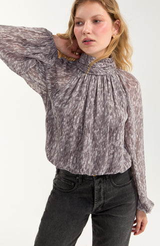 Liverpool Long Sleeve Shirred Mock Neck Grey Top