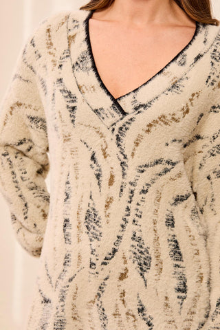 Tribal Animal Print V-Neck Sweater in Dullgold