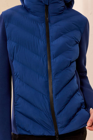 Tribal Zip Front Puffer with Removable Hood in Estate Blue