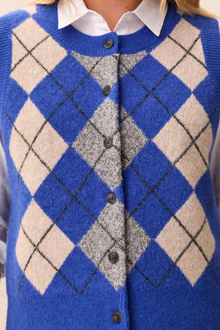 Tribal Argyle Sweater Vest with Buttons in Cobalt