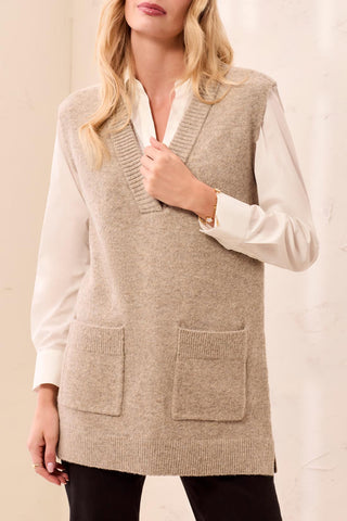 Tribal Sleeveless Tunic Sweater with Pockets in Fossil