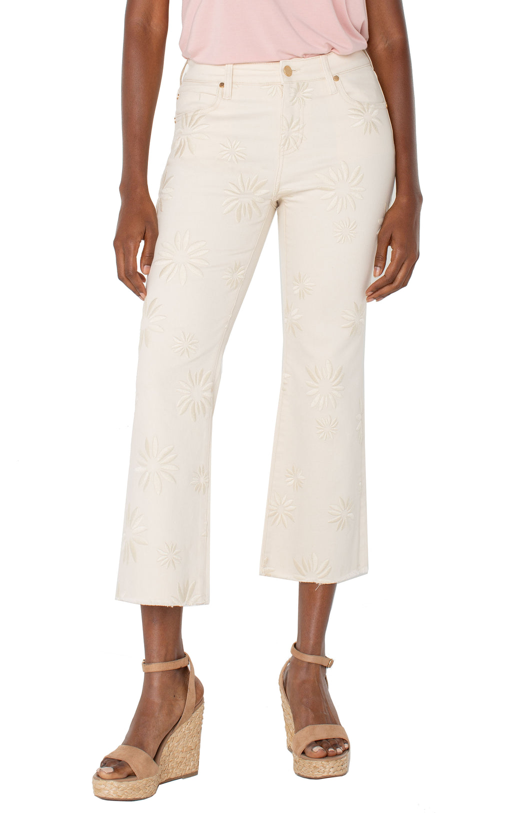 Liverpool Hannah Crop Flare with Fray Hem in Ecru Abstract Floral