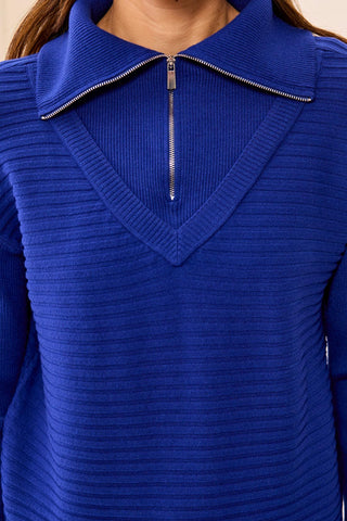 Tribal Soft Zip-Up V-Neck Sweater in Electric Blue
