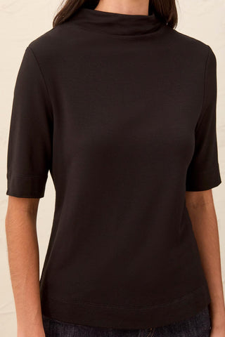 Tribal Funnel Neck Elbow Sleeve Knit Top in Black