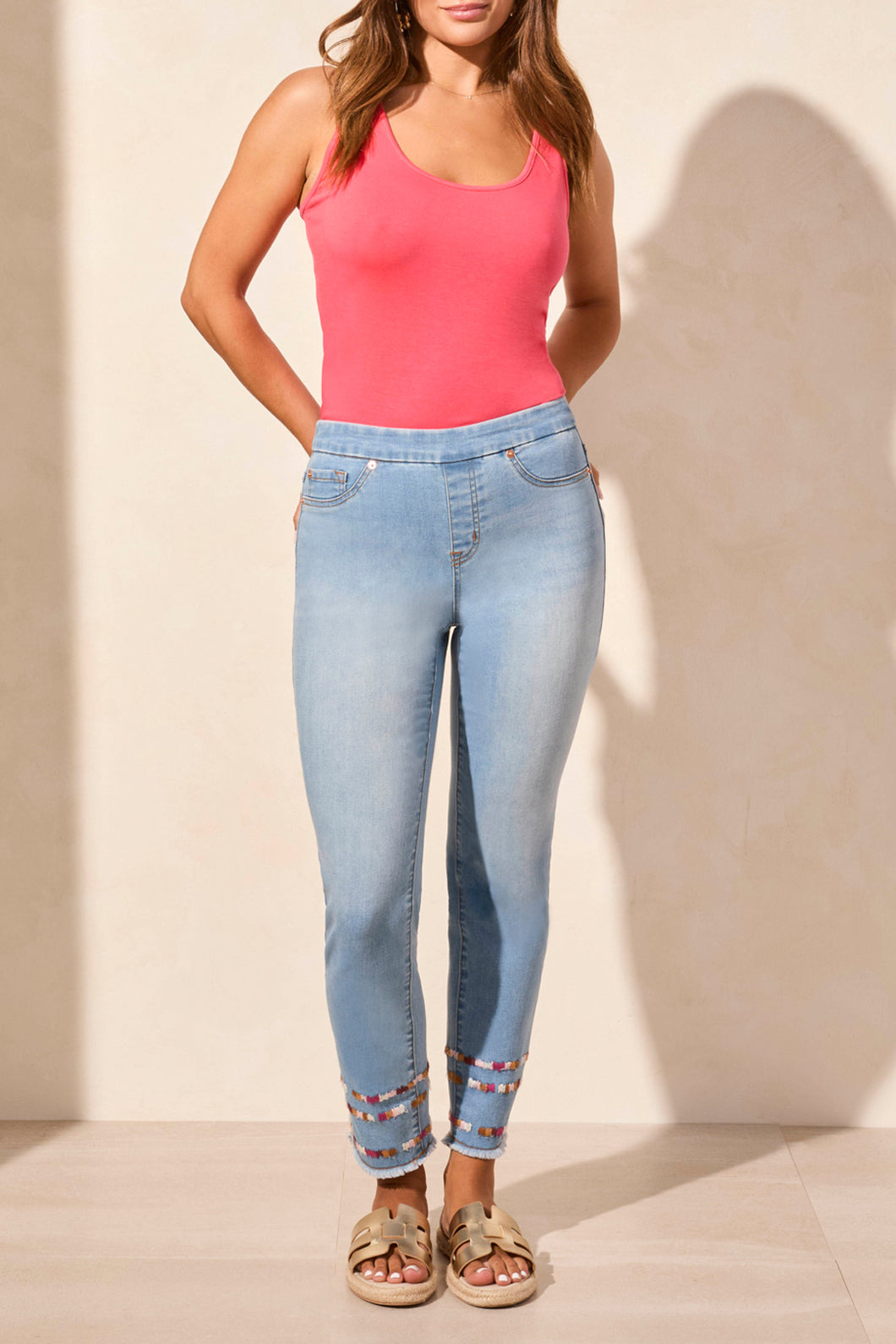 Tribal Audrey Pull On Slim Ankle Jeans with Embroidery