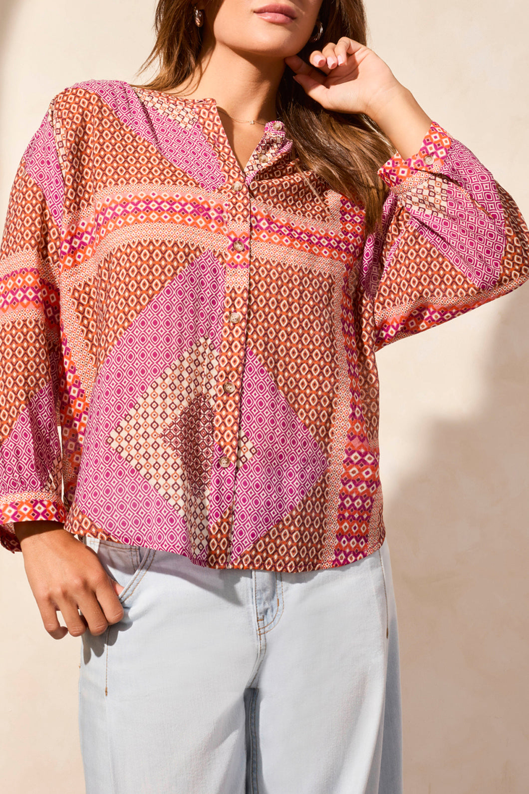 Tribal Flowy Dolman Sleeve Blouse with Self-Covering Buttons, Passionfruit