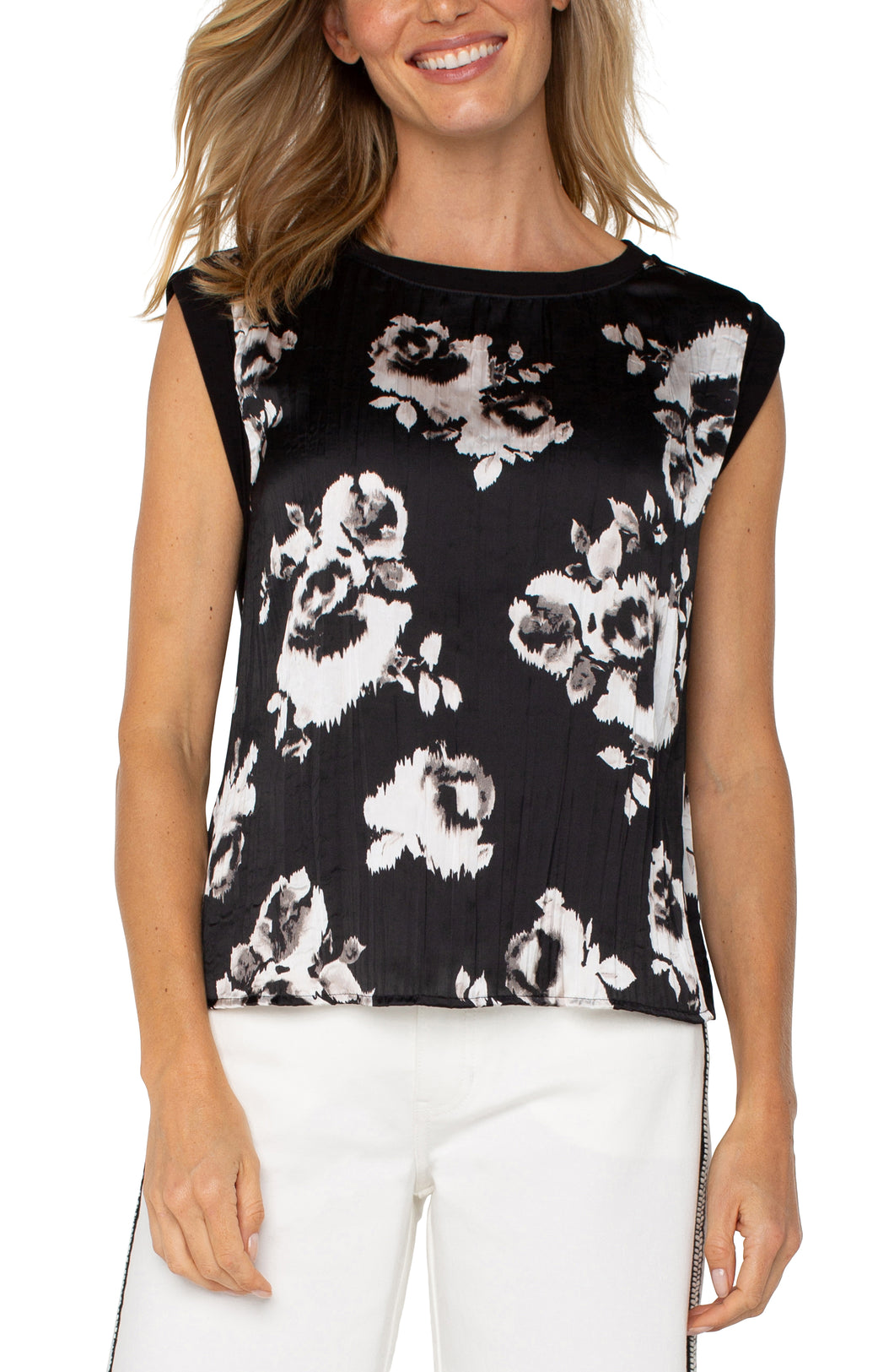 Liverpool Sleeveless Woven Knit Top, Black & White Floral