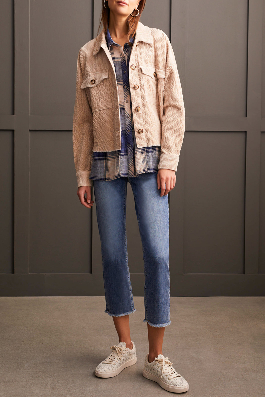 Tribal Crop Denim Shacket with Patch Pockets in Beige