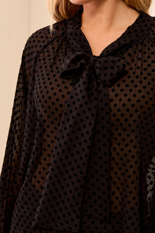 Tribal Button Front Blouse with Tie in Black