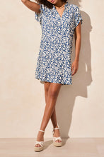Load image into Gallery viewer, Tribal Ruffle-Sleeve Notch Neck Shift Dress, Blueleaf
