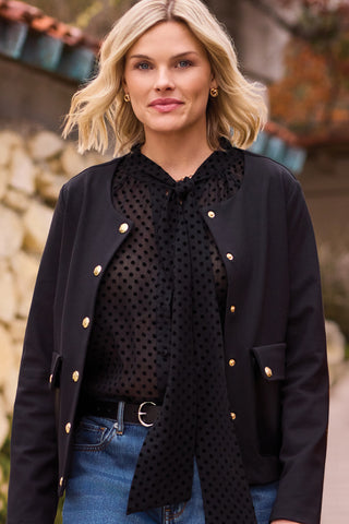 Tribal Button Front Blouse with Tie in Black