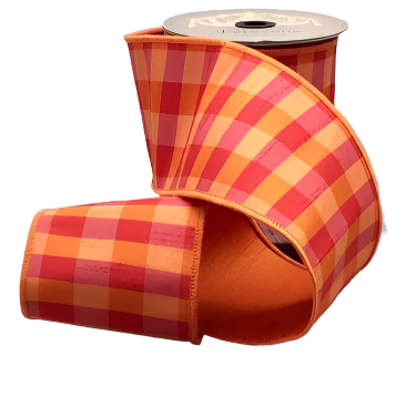 Orange & Red Check Faux Dupion Ribbon with Orange Back - SOLD BY THE FOOT
