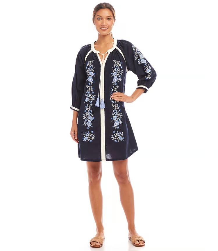 Karen Kane Blouson Sleeve Embroidered Peasant Dress, Navy