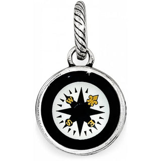 Silver pendant with a black and white compass design on a white background. Brighton Voyage Adventure Charm
