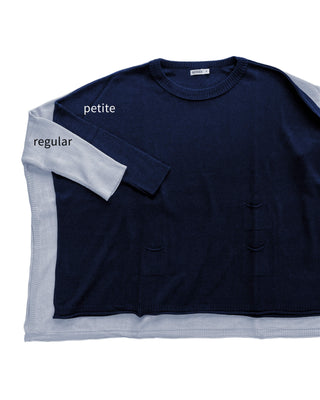 Navy blue sweater with 'regular' and 'petite' labels on a white background. Mersea Catalina Crewneck in navy