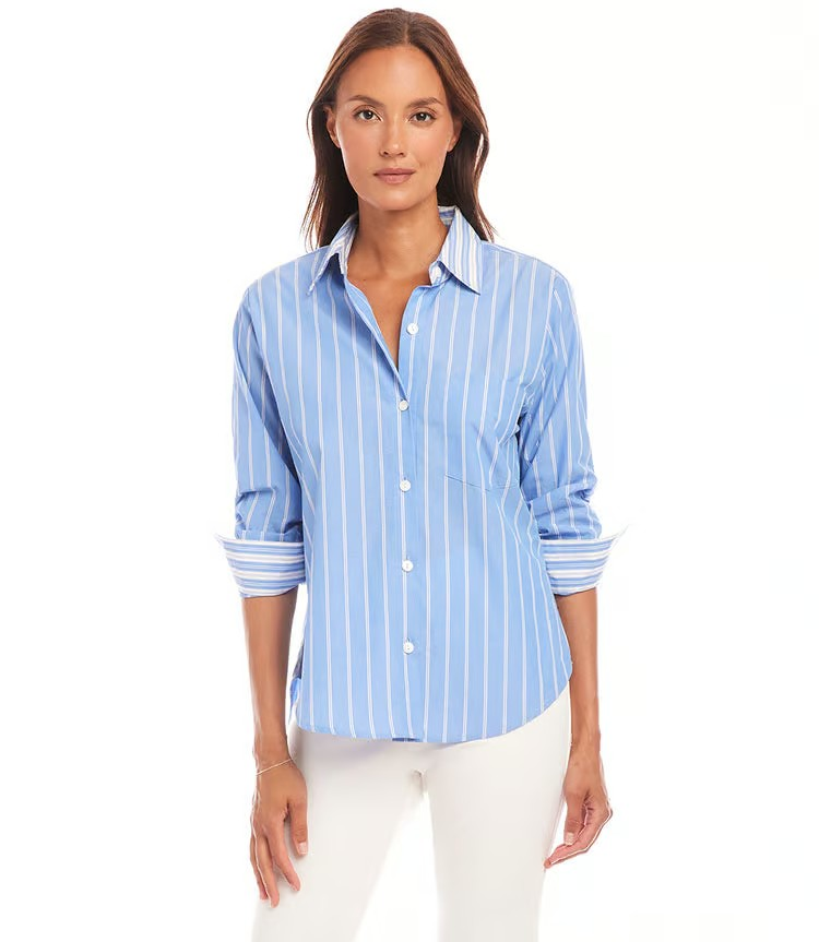 Karen Kane Contrast Ruched Sleeve Shirt, Blue Stripe