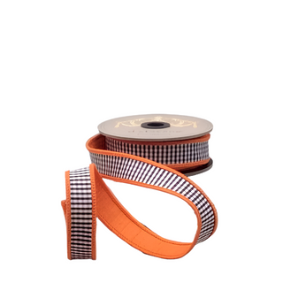 Black & White Mini Check Faux Dupion Ribbon with Orange Back -SOLD BY FOOT