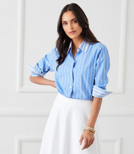 Load image into Gallery viewer, Karen Kane Contrast Ruched Sleeve Shirt, Blue Stripe
