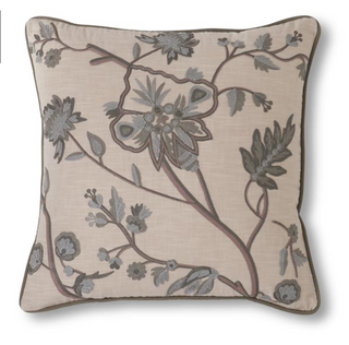 Light Beige Cotton Pillow with Gray Floral Embroidery