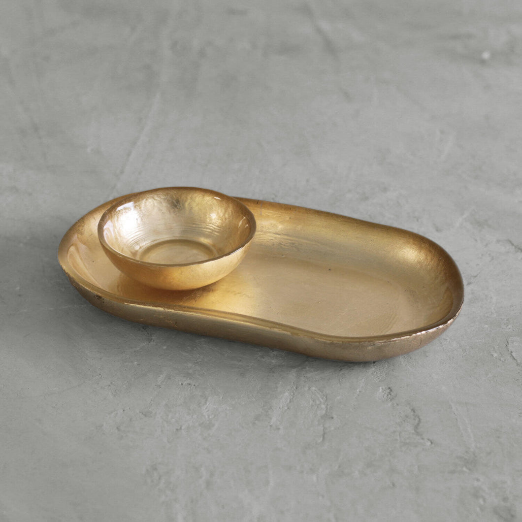 Beatriz Ball New Orleans Glass Gold Foil Small Oval Platter with Mini Bowl