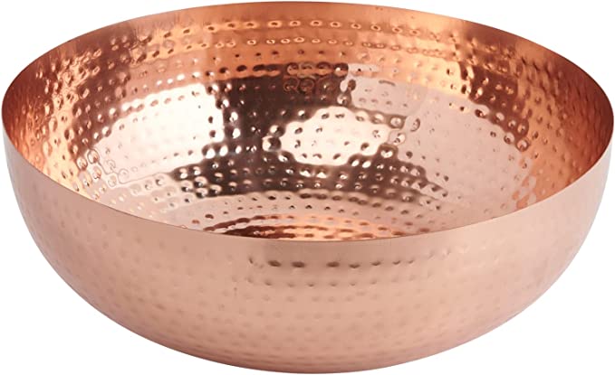 Round Metal Bowl with Copper Hammered Finish