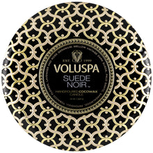 Load image into Gallery viewer, Voluspa Suede Noir 3 Wick Tin Candle
