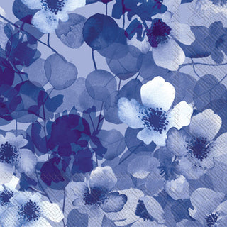 A pack of lunch napkins with a floral pattern in shades of blue.