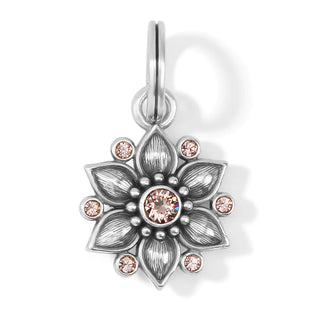 A silver-colored floral charm with hand-set crystals, designed for use in jewelry making. Brighton Cora Flower Charm