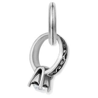 A silver charm in the shape of a diamond ring with intricate detailing, designed to be attached to a chain. Brighton Diamond Ring Charm
