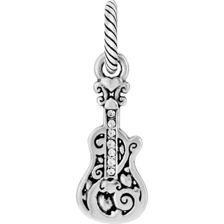 A silver electric guitar charm with crystal embellishments and a twisted rope attachment. Brighton Electric Heart Charm