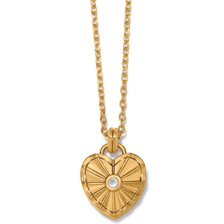 A gold heart-shaped necklace with a sunburst design and pave crystals. Brighton Esprit Heart Small Necklace