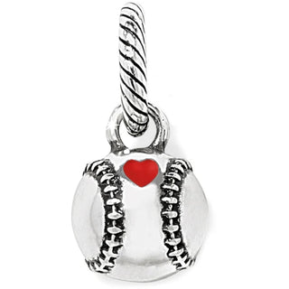 A silver-colored baseball-shaped charm with a heart design in the center, suspended from a curb chain. V