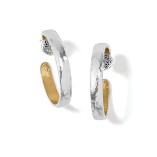 A pair of silver-colored hoop earrings with gold accents, featuring intricate hammered details. Brighton Ferrara Entrata Small Hoop Earrings Silver-Gold