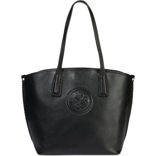 Black leather tote bag with a suede-like interior lining, featuring a round logo on the front, a handle, and a detachable strap. Brighton Ferrara Viviana Large Tote