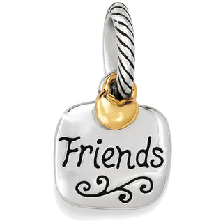 A silver-colored charm with the inscription 'Friends' and a decorative rope-like border, possibly for use in crafting or jewelry making. Brighton Friends Forever Charm
