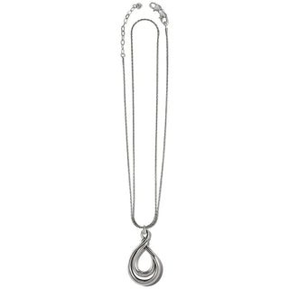 A silver convertible necklace with a twist design at the pendant, resembling a Celtic knot, from the Brighton brand. Brighton Interlok Twist Convertible Necklace