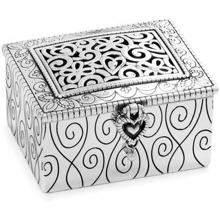 A silver-plated metal jewelry box with floral and heart patterns and a pearl dangle. Brighton Lacie Daisy Jewel Box