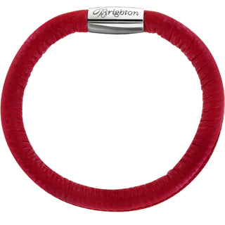 A red leather bracelet with a metallic clasp, branded with 'Brighton'. Brighton Lipstick Woodstock Bracelet