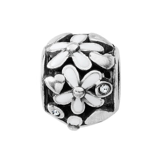 A silver-colored bead with hand-enameled floral design, encircled by hearts and dotted with fine quality crystals. Brighton Love Blooms Bead
