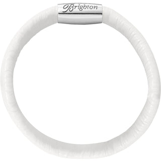 A white leather bracelet with a brighton logo on the clasp, displayed against a white background. Brighton Medium/Large White Woodstock Single Bracelet
