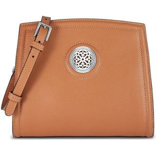 A brown, rectangular-shaped leather handbag with an adjustable strap and a rose window medallion on the front. Brighton Naturelle Giulia Organizer