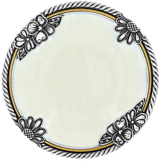 A round, white enamel trinket tray with black and gold geometric patterns along the rim. Brighton Pretty Pearl Trinket Tray
